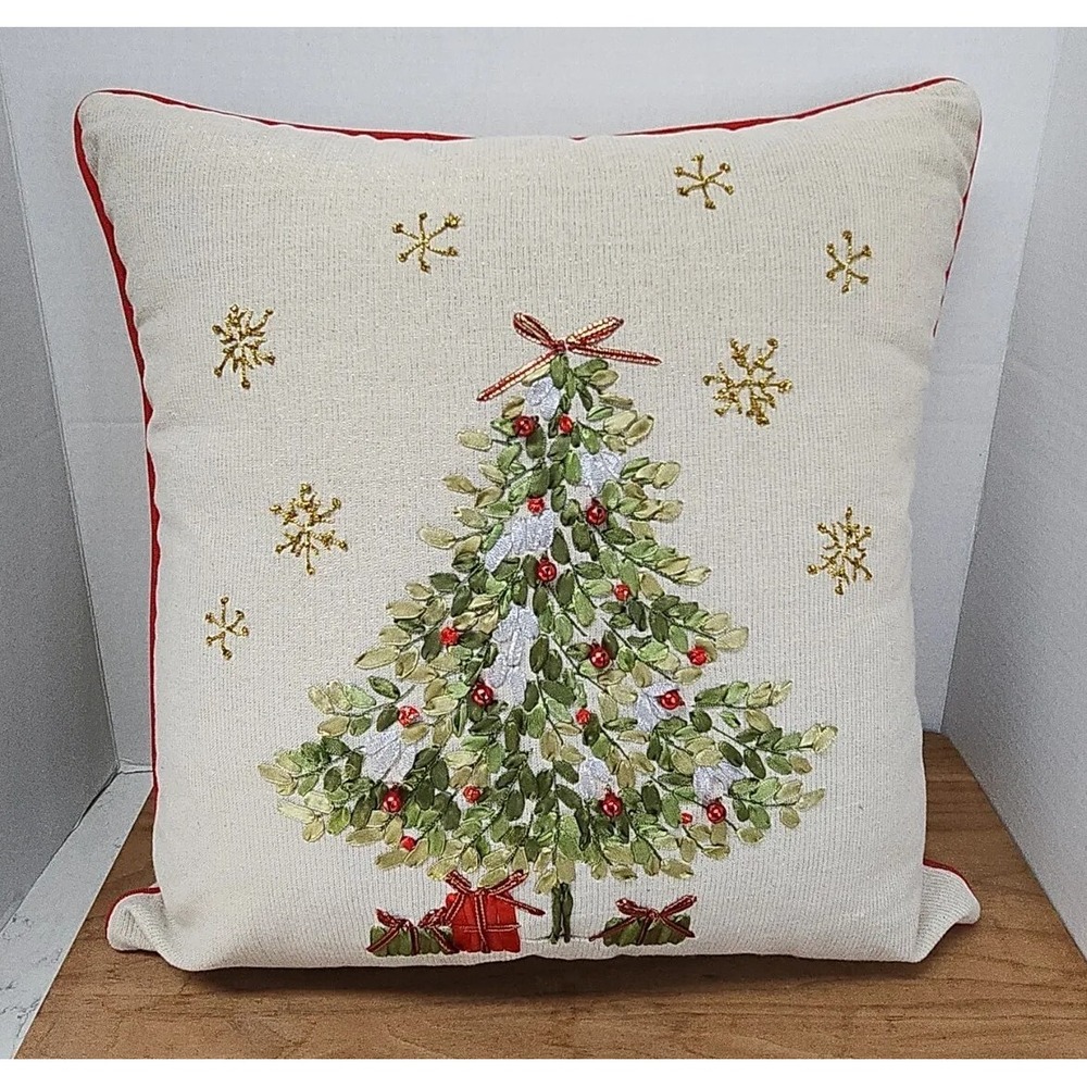 16" Christmas Tree Throw Pillow Hand Sewn Jingle Bells Ribbons Leaves & Gifts